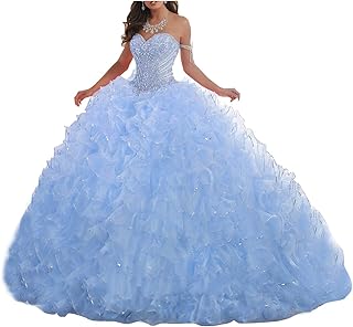Women's Organza Ruffles Quinceanera Beaded Sweetheart Prom Ball Gown - Buy now