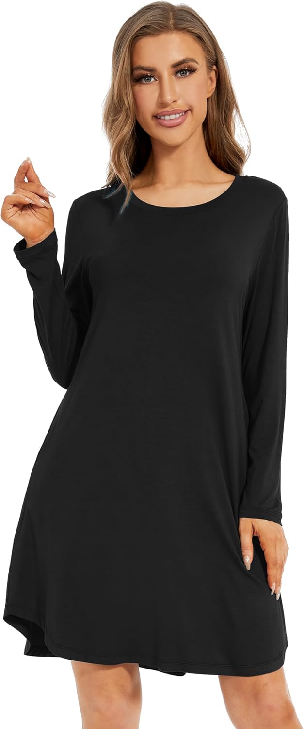 WiWi Women's Viscose from Bamboo Nightgowns Long Sleeve Cooling Crewneck Sleepshirts Casual Gown Super Soft Sleep Shirt S-XXL - Image 4