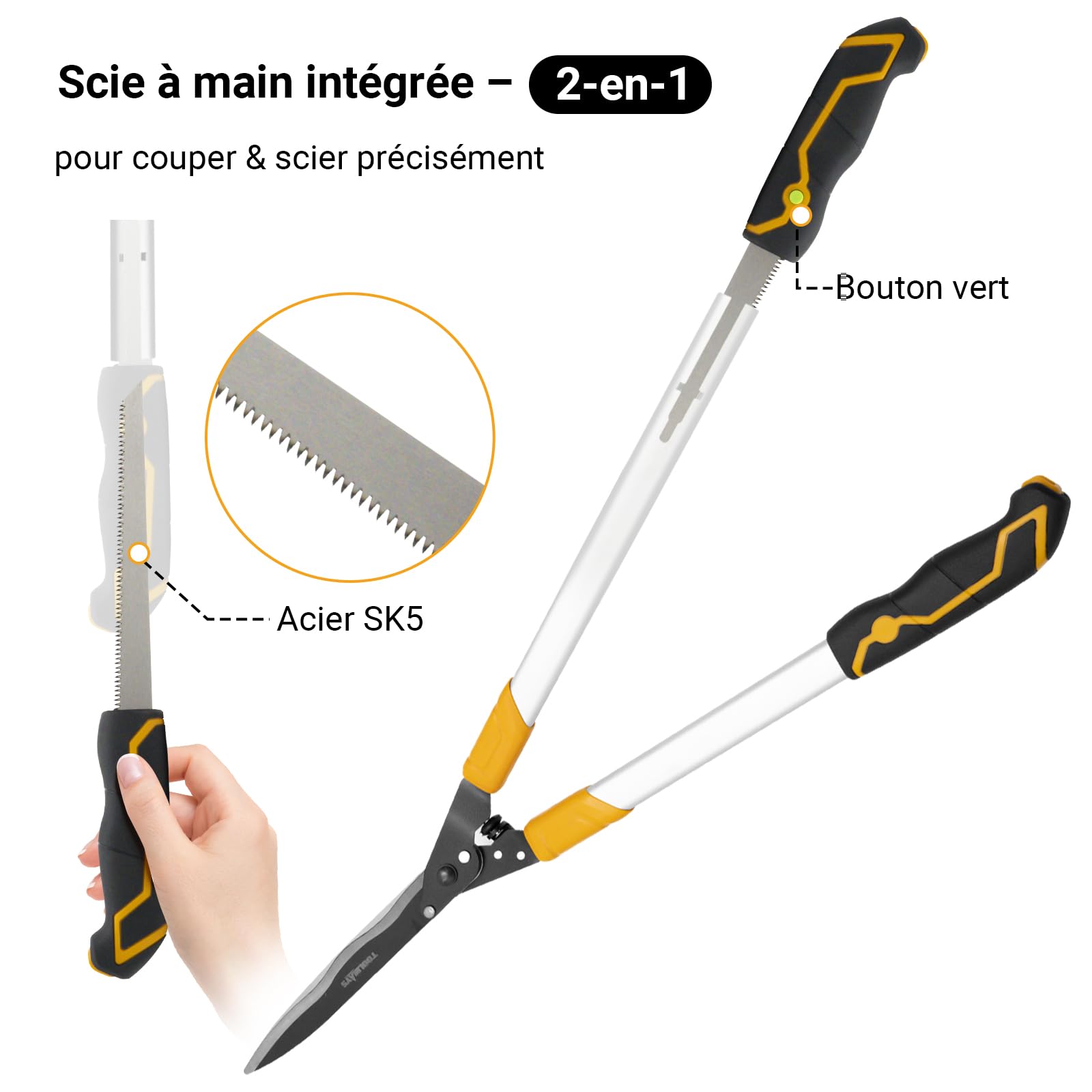 Cisaille à Haies 78cm Avec Scie à Main 21cm, Cisaille De Jardin Avec TêTe Inclinable à 20°, Taille Haie Manuel Pour Tailler Les Haies Et Les Buissons