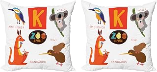 Lunarable ABC Throw Pillow Cushion Cover Pack of 2, Study Language K Font with Kiwi Kingfisher Koala Kangaroo Australian Wild Habitat, Zippered Double-Side Digital Print Decor, 18", Multicolor
