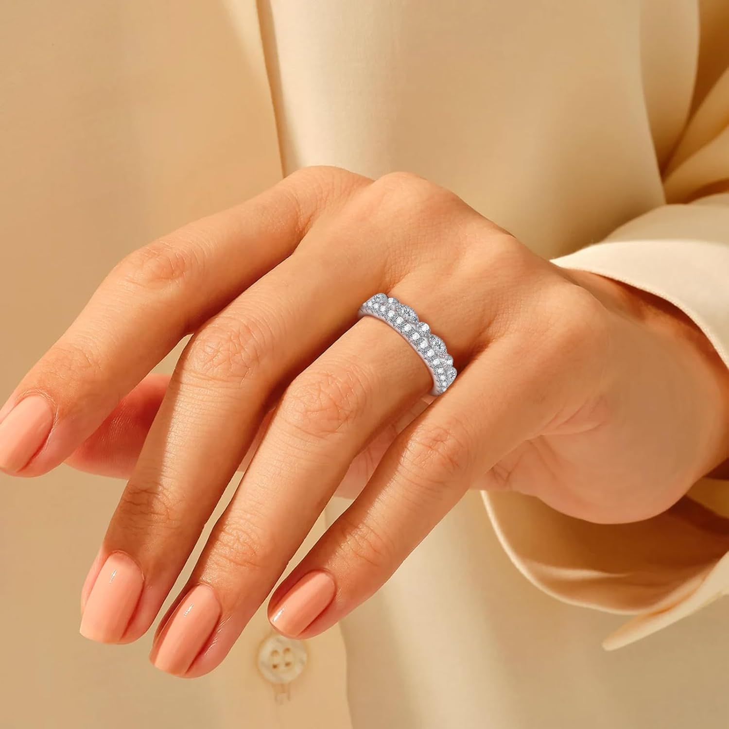 Moissanite Wedding Band 2 Row Half Eternity Ring 925 Sterling Silver D Color VVSI Clarity Imitation Diamond Rings Moissanite Engagement Anniversary Stackable Ring for Women Size 5-9 - Image 6