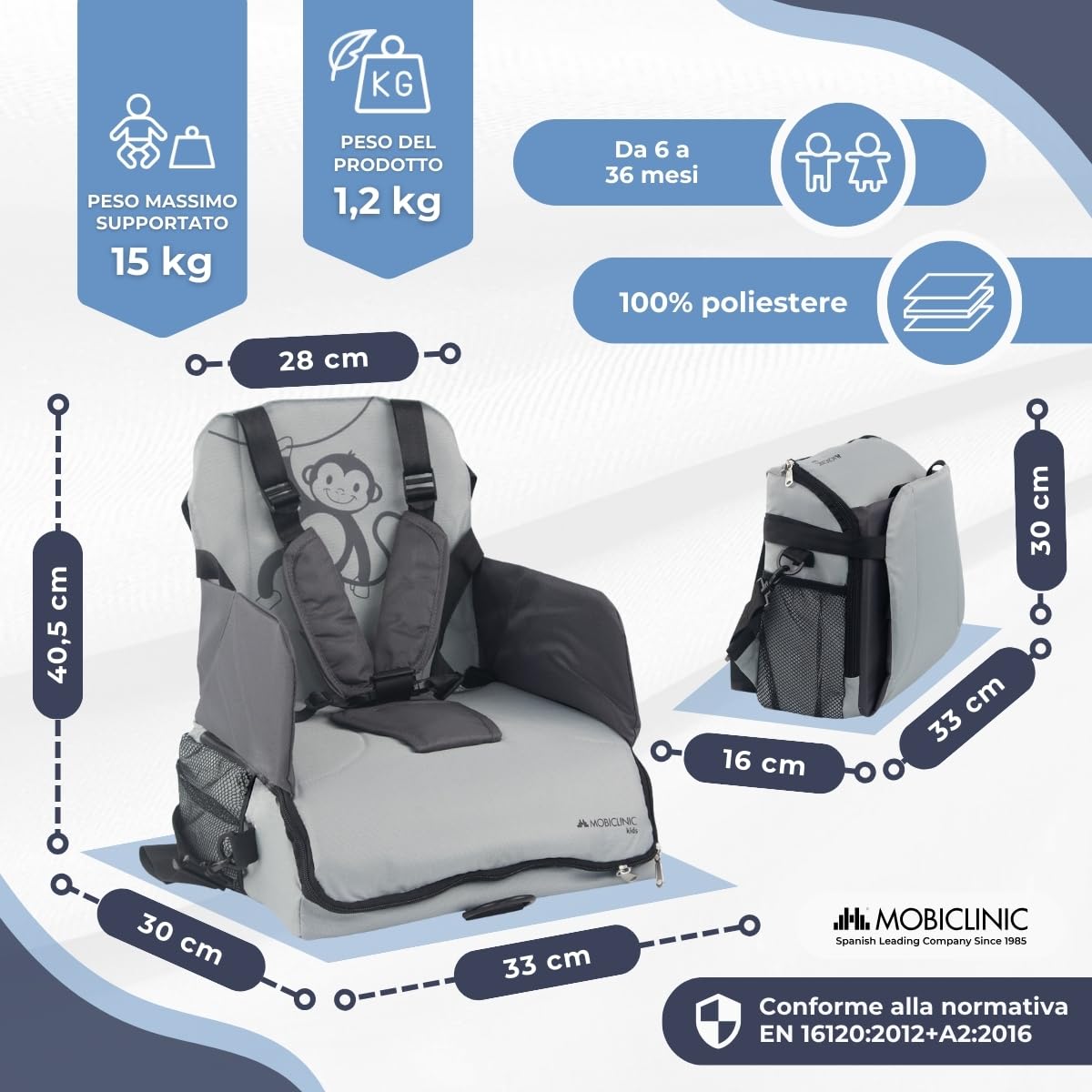 Mobiclinic® kids, Seggiolino portatile bambini, Seggiolone da viaggio, Monkey, 6 a 36 mesi, Fino 15kg, Pieghevole, Imbracatura regolabile 5 punti, Con portaoggetti, Grigio