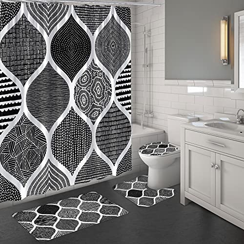 MitoVilla 4 Pcs Black Shower Curtain Sets with Rugs, Boho Bathroom Sets with Shower Curtain and Rugs and Accessories, Geometric Bohemian Leaf Bathroom Shower Curtain, Black White Grey