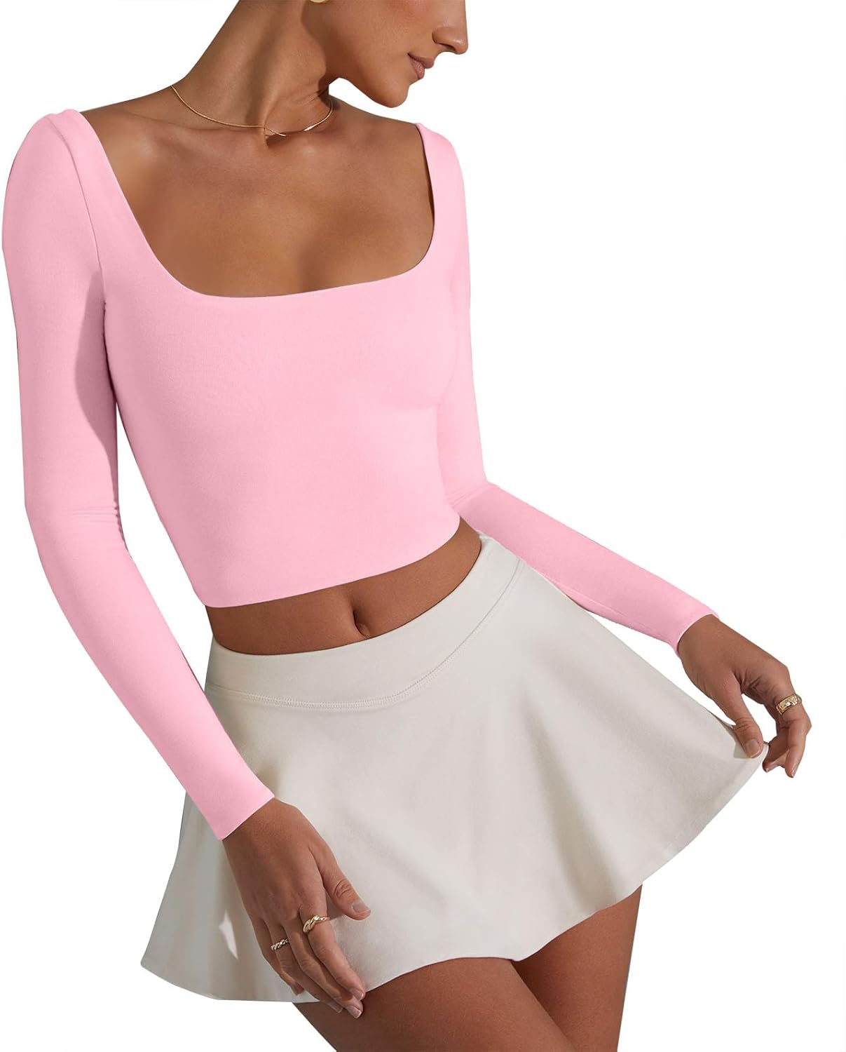 Women's Basic Long Sleeve Square Neck Crop Top Double Lined Slim Fit T-Shirt - Image 4