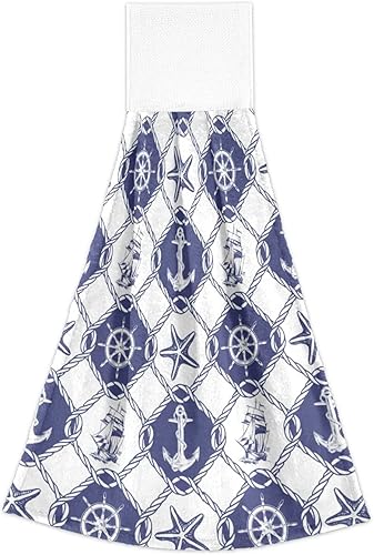 Miniatura 2 de Giwawa Juego de 2 toallas de cocina colgantes con ancla náutica, toallas de mano de terciopelo coral suave para decoración del hogar y baño