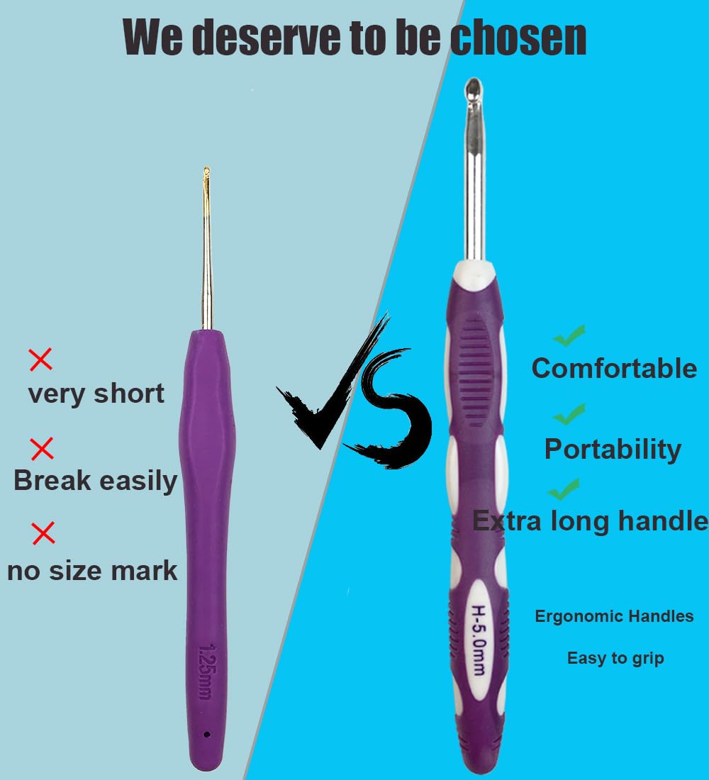 Juego de ganchos de ganchillo de 13 tamaños, juego de ganchos ergonómicos de ganchillo de 2 mm a 10 mm con funda, extralargos para manos ártricas, agujas de ganchillo de agarre suave para