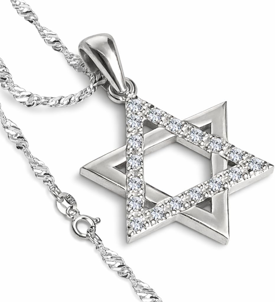Jewish Star of David Necklace for Women - 925 Sterling Silver White Cubic Zirconia CZ Dainty Magen David Six-Point Star Pendant with Chain 20" - Judaica Hebrew Jewelry - Bat Mitzvah Gift