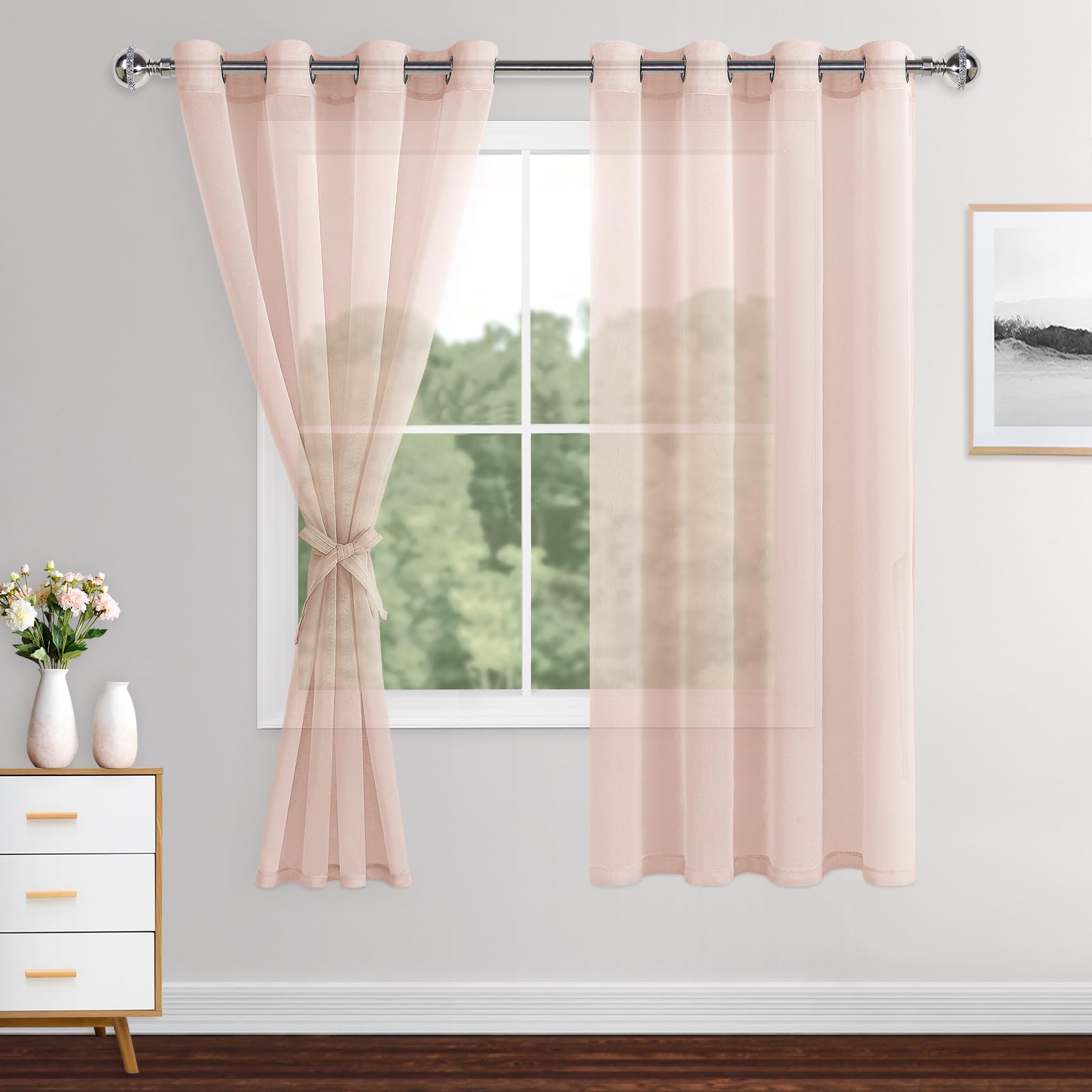 Rideaux transparents aspect lin rose pâle 140x175 cm XWZO pour chambre