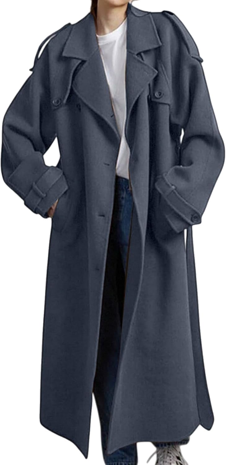 Casual Trench Coat Women Fashion Lapel Raglan Sleeve Overcoat Fall Winter Elegant Double Breasted Belt Long Peacoat