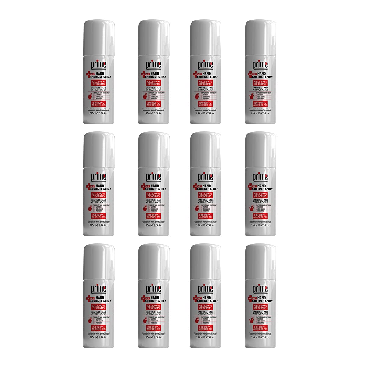 Prime Instant Hand Sanitizer 200ML SPRAY PACK OF 12, IPA 70%, Sanitizes Hand Without Water, Germ Killing, Protecting, Hand Disinfectant