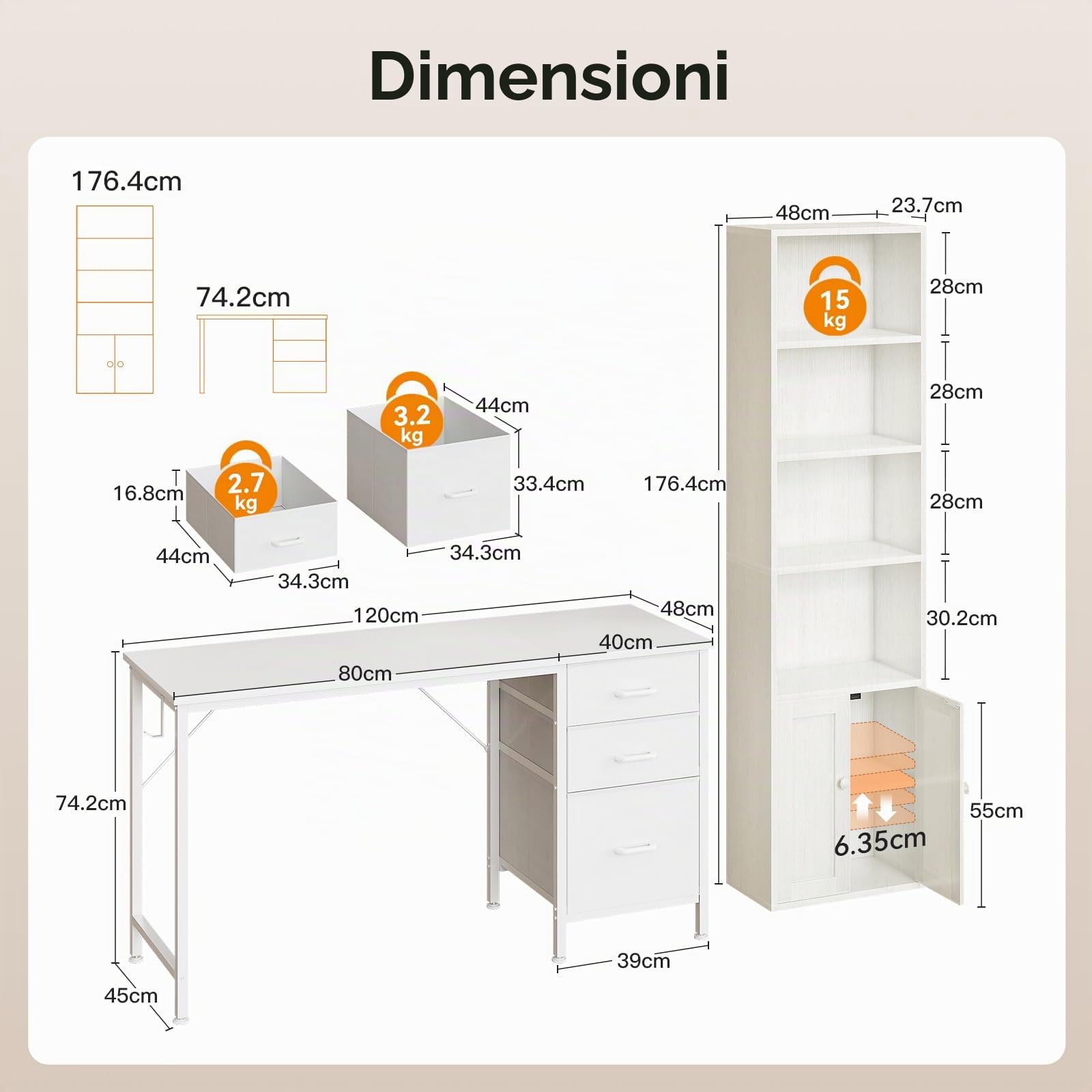 Coleshome Set Mobili Ufficio, Scrivania 120x48cm con 3 Cassetti e Portacuffie & Libreria a 6 Ripiani con Ante 176cm, Set Scrivania e Scaffale Salvaspazio per Casa e Studio, Bianco