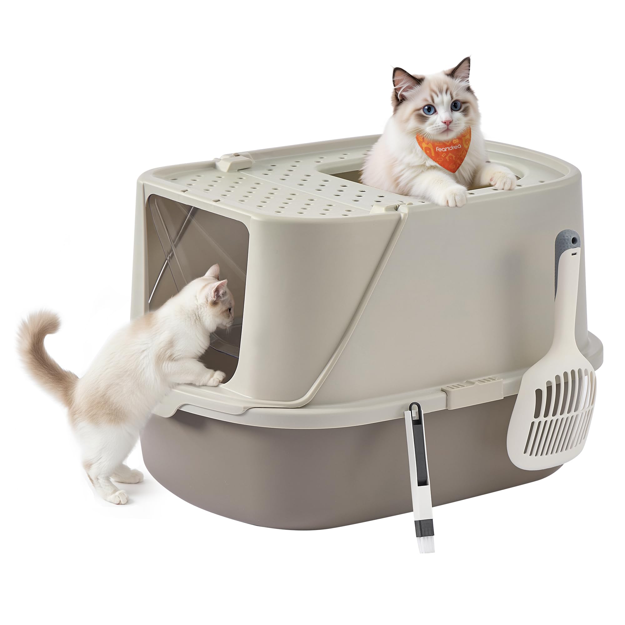 Feandrea Katzenklo groß XXL, Katzentoilette mit Deckel, mit Schaufel und Bürste, für Katzen bis 15 kg, haferflockenfarben-warmgrau PPT011LH01