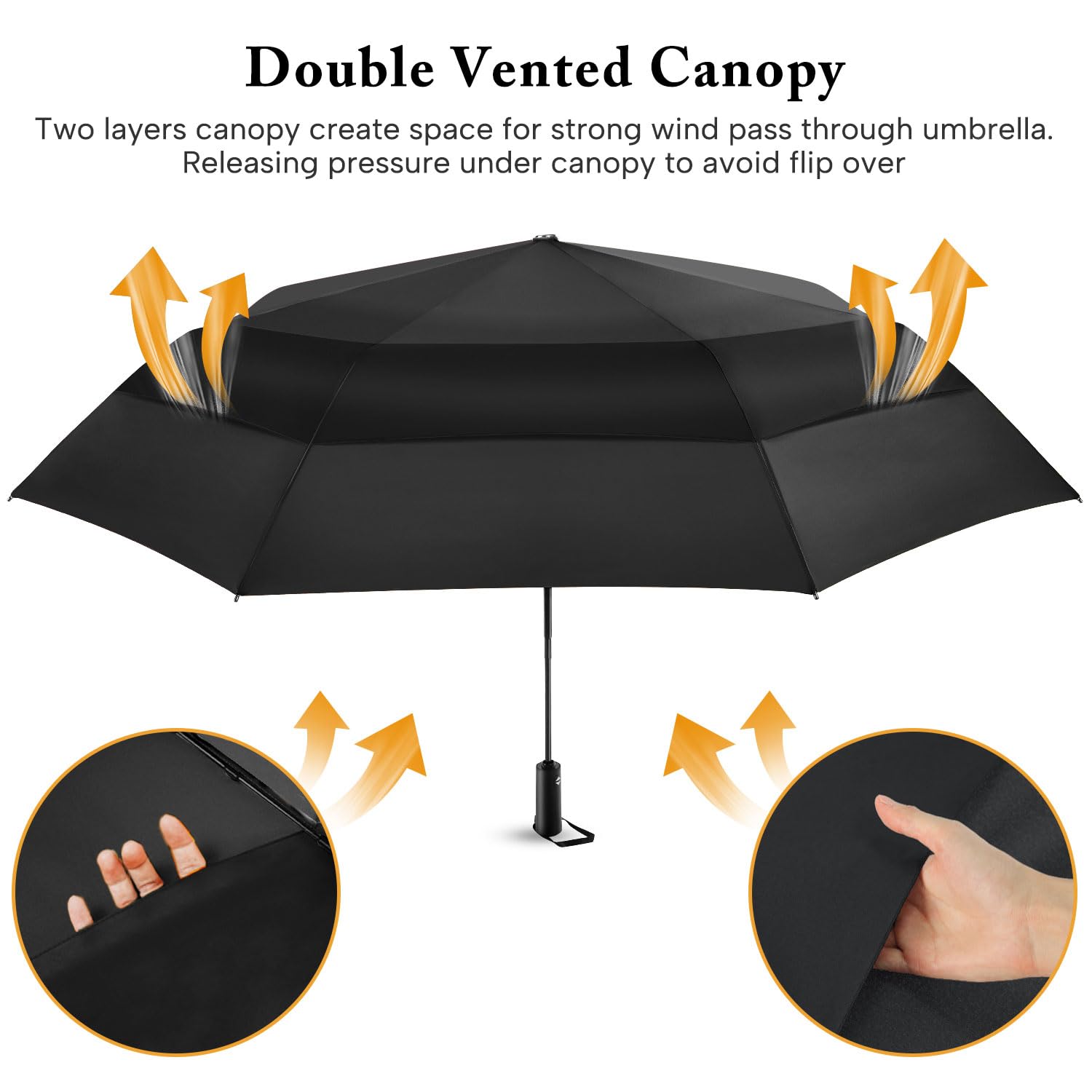 Parapluie de golf pour adultes – Parapluie de golf surdimensionné de 137,2 cm, double couche, coupe-vent, extra large, noir, pliable, compact, ouverture et fermeture automatiques