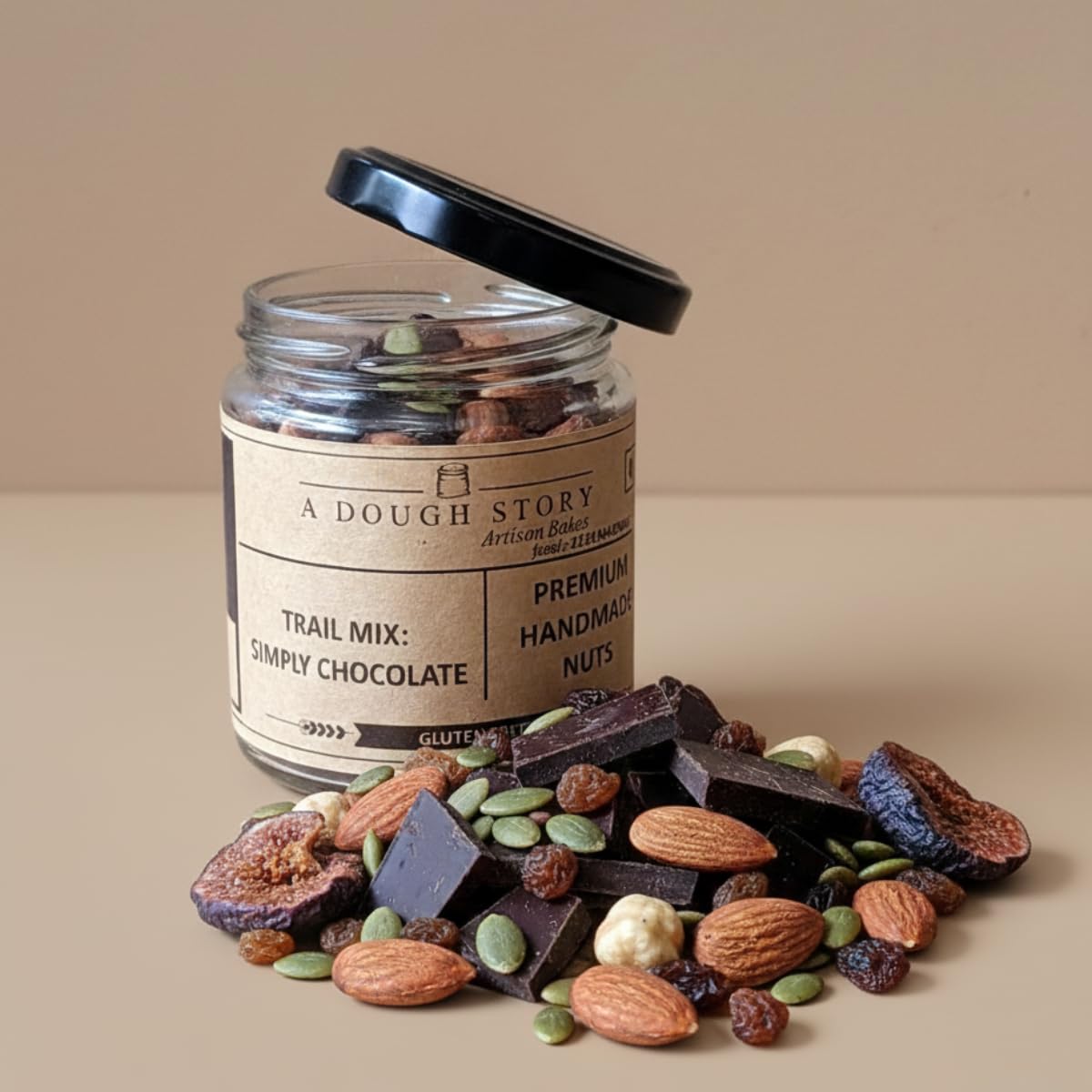 A Dough Story Simply Chocolate Trail Mix | 100% Gluten-Free Gourmet Nut & Fruit Snack | Premium Handmade Blend with 25% Dark Chocolate, Almonds, Hazelnuts, Raisins, Cranberries & Pumpkin Seeds 250g-image-38