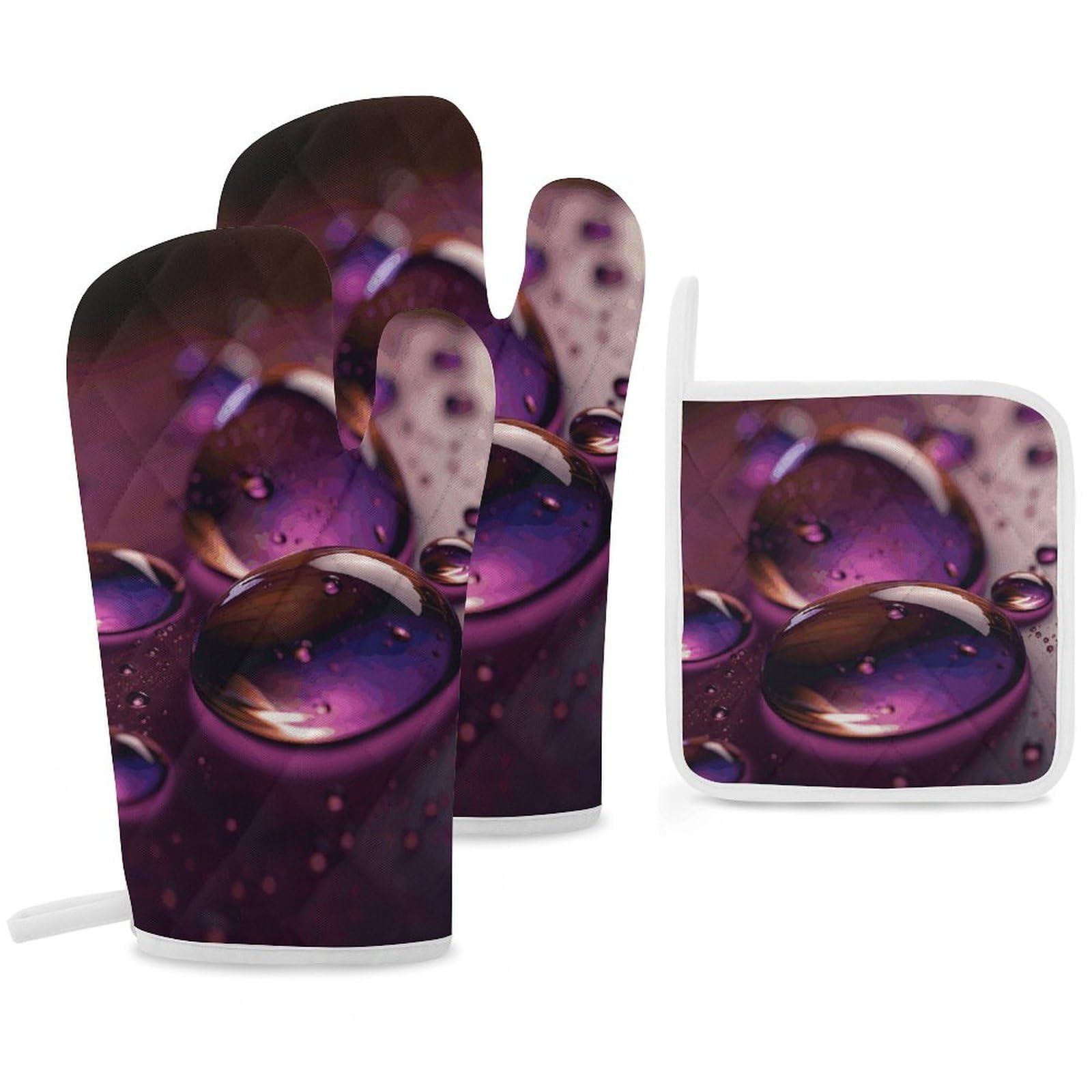 Gants de cuisine violets en goutte : lot de 3 maniques résistantes