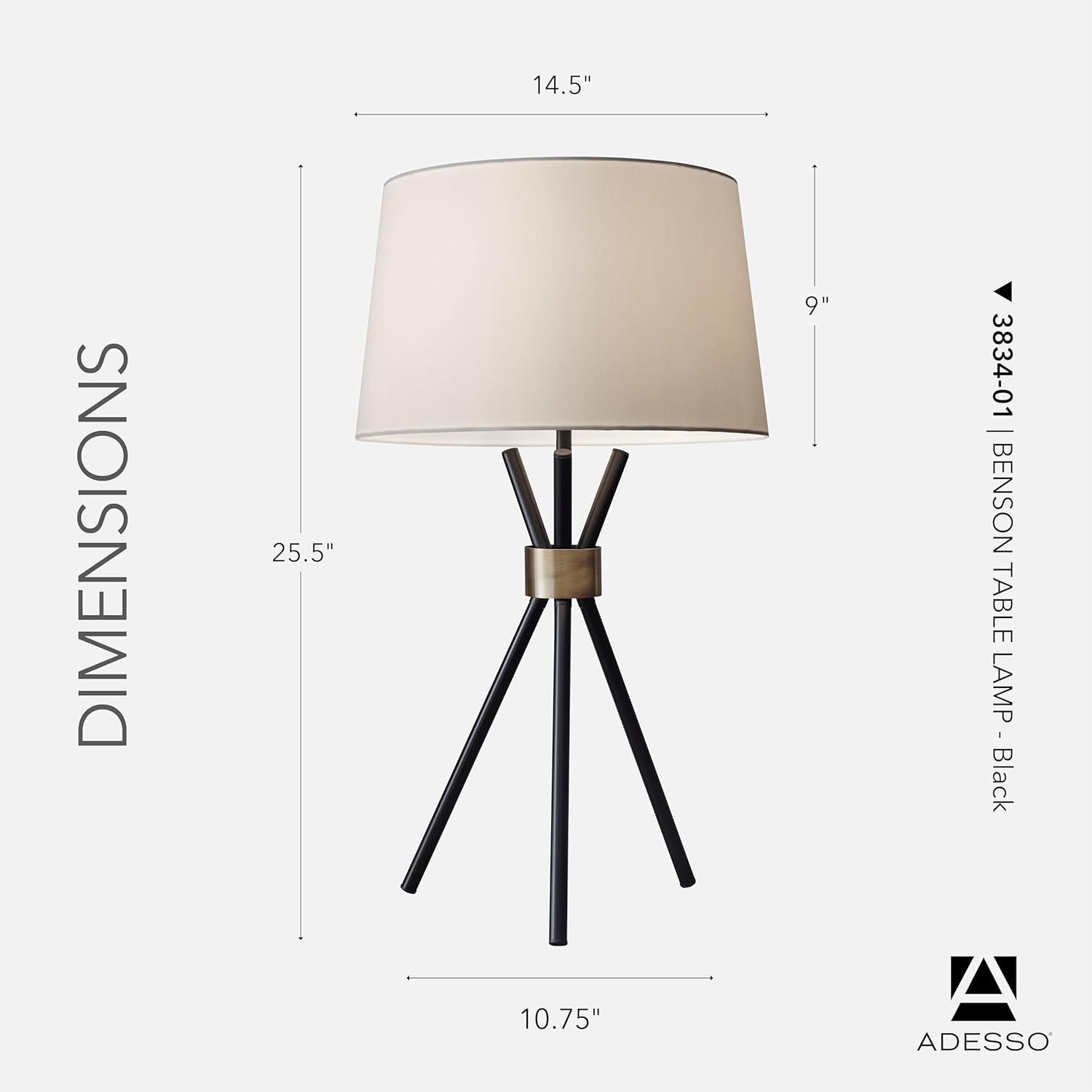 Adesso Tripod Table Lamp, Black and Antique Brass with Off White Shade – Adjustable Brightness Bedroom, Home Office, or Living Room Lighting, 25.5”