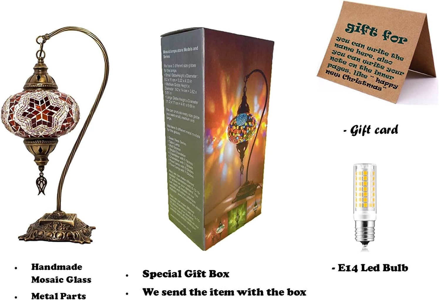 Turkish Moroccan Mosaic Swan Neck Table Lamp - Tiffany Style Bohemian Colorful Mosaic Bedside Night Lamp with Led Bulb (Red)