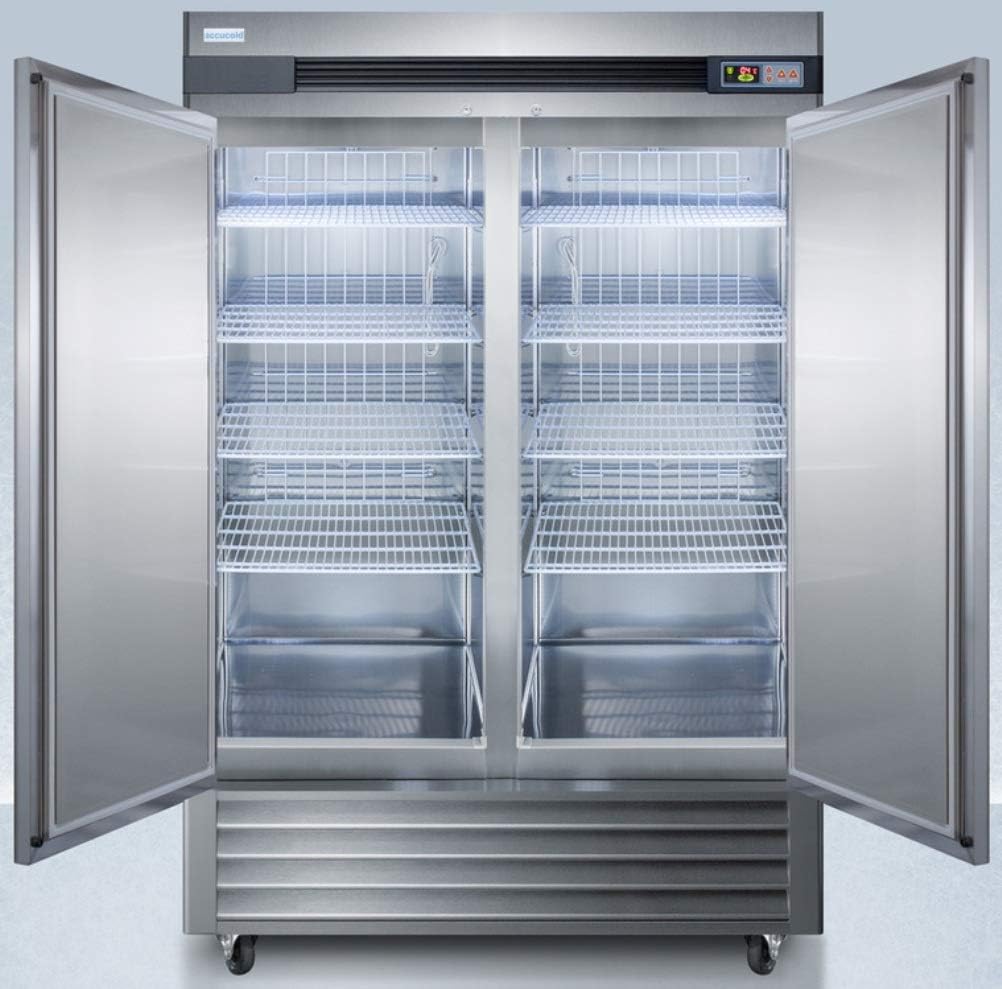 Interior view of the Summit Appliance ARS49ML refrigerator with both doors open, revealing multiple wire shelves.