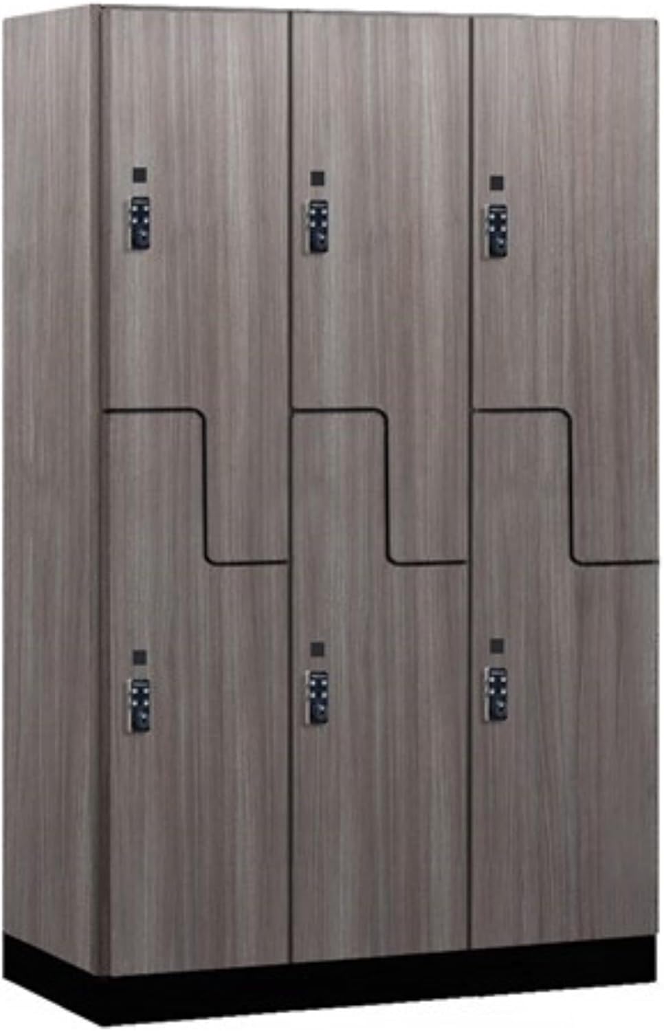 Salsbury Industries 15" Wide Premier Wood Locker-Double Tier 'S' Style-3 Wide-6 Feet High-24 Deep-Skyline Walnut-Black Resettable Combination Locks