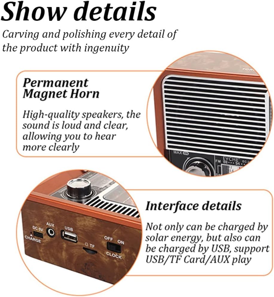 Portable Retro Radio FM/AM/SW1-6 Receiver BT Speaker Solar MP3 Music Player LED Light