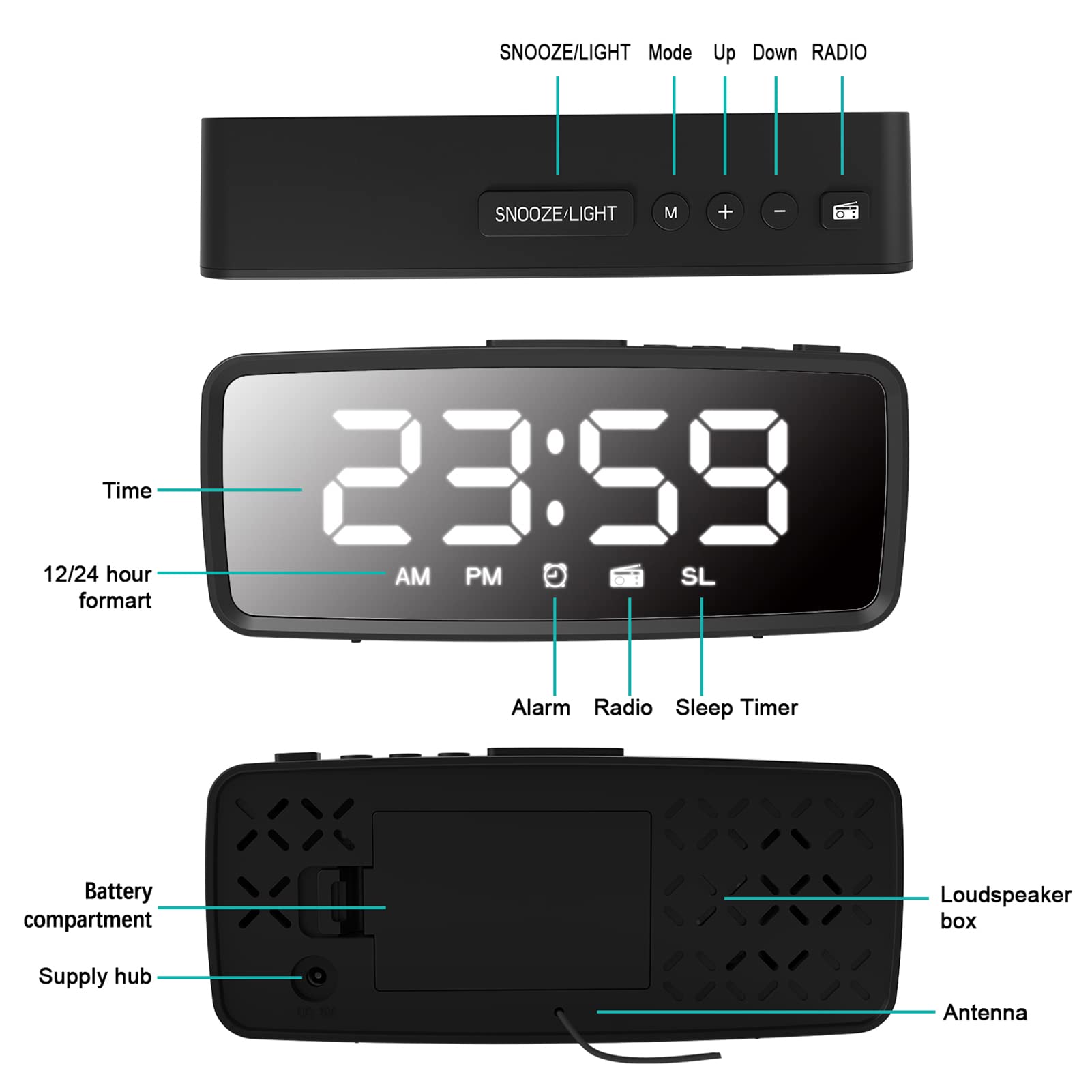 Radio Reloj Despertador, Despertadores para Personas Que Duermen Mucho, Reloj para Dormitorio con Temporizador de Apagado, para Cabecera de Dormitorio