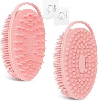 Soft Silicone Body Scrubber Set, 2PCS Dual-Side Silicone Loofah for Gentle Exfoliating and Scalp Massaging, Hygienic Shower Scrubber Shampoo Brush for Kids, Women, Sensitive SkinPinkx2