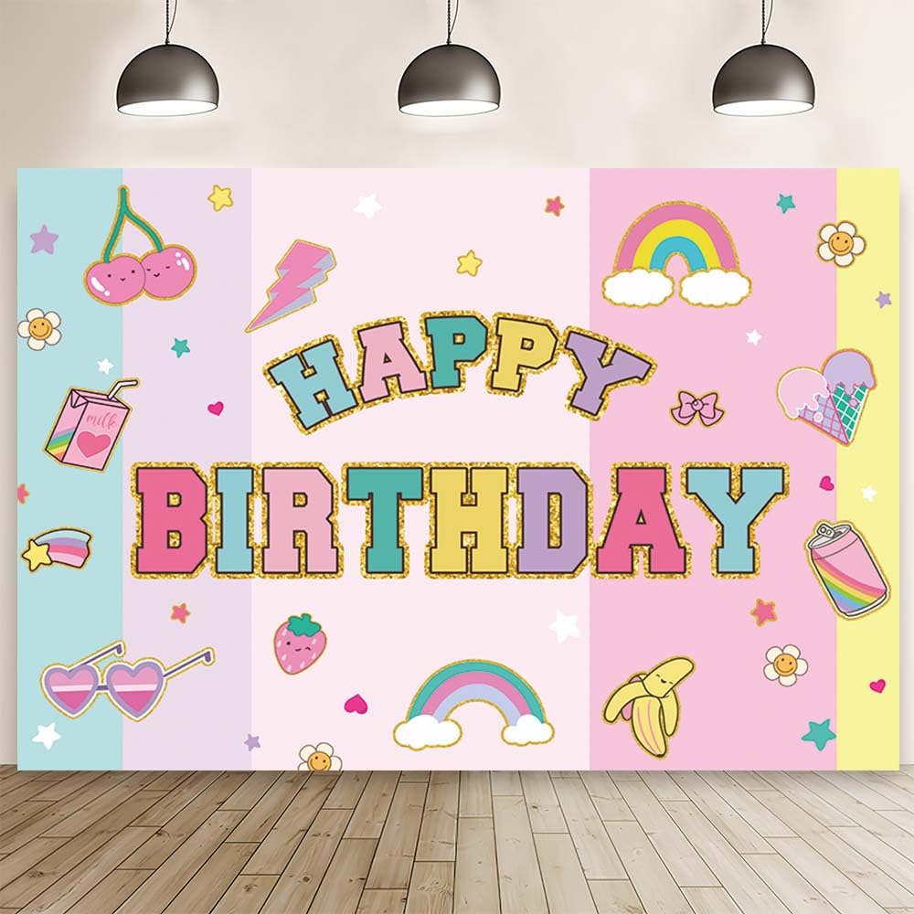 MEHOFOND 7x5ft Preppy Happy Birthday Backdrop Patch Birthday Party Photography Background Rainbow Let's Party Sweet Girls Birthday Decor Smile Face