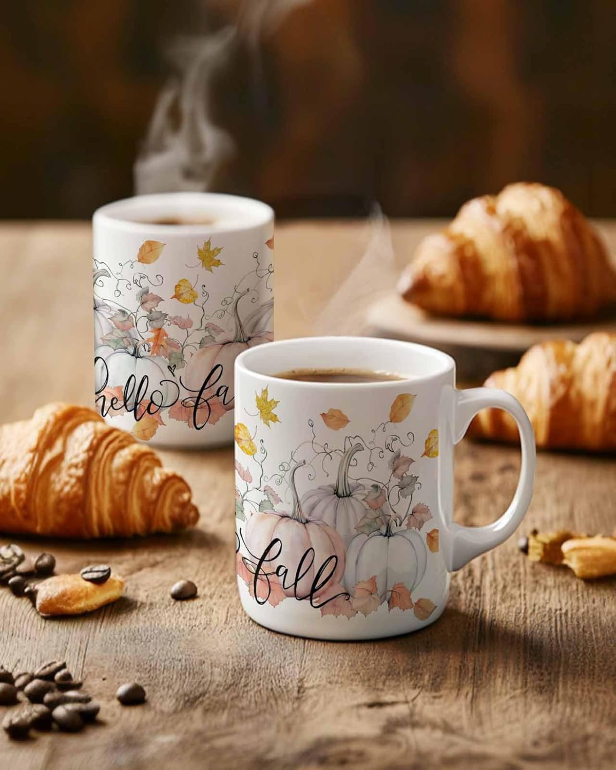 BEMIGO Ceramic Coffee Mug Fall Watercolor Pumpkin Ceramic Mug White Cup, Fallen Leaf Insulated Coffee Cup with Handle with Pattern Perfect for Tea and Hot Beverages, 12oz