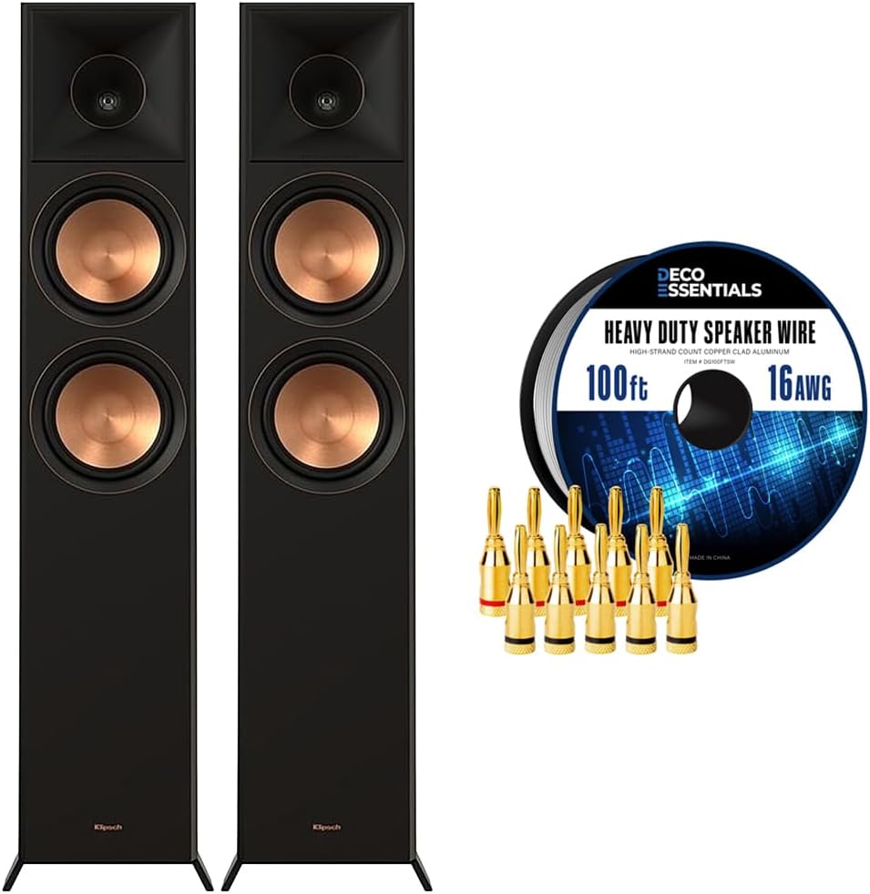 Klipsch RP-6000F II High-Fidelity Floorstanding Speaker (Pair) with Enhanced Bass Ebony Bundle with Deco Gear 100ft Long 16 AWG Speaker Wire Brass Speaker Banana Plugs, 5-Pair