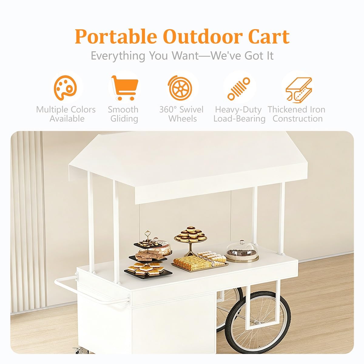 Mobiler Verkaufswagen Outdoor mit Dach, Imbisswagen mit Schublade und Schrank, Street Food Wagen für Markt, Eisverkauf und Events(Orange)