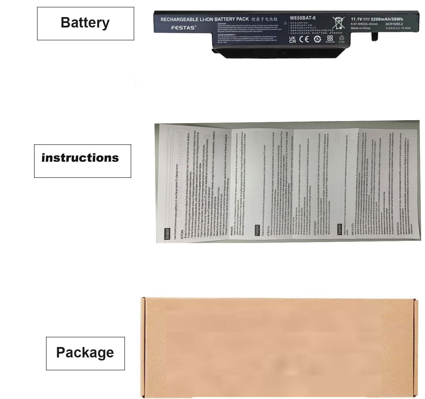 FESTAS 11.1V 5200mAh W650BAT-6 Batterie Compatible avec Clevo W650 W650S | W650SC W650SH W650SJ W650SR W650SZ W670SJQ Hasee K610C K650D Series 6-87-W650-4E42 6-87-W650S-4D4A3