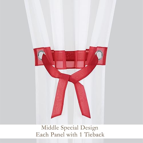 Miniatura 4 de 2 paneles de cortinas traslúcidas para sala de estar, blanco y rojo, cortinas cortas para dormitorio con alzapaños en la parte superior, paneles de