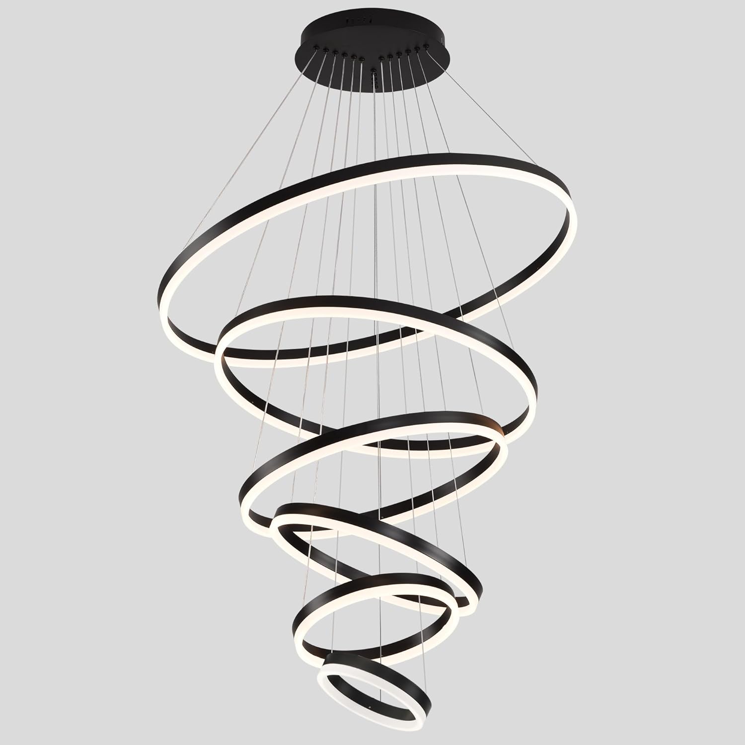 Modern Dimmable Led Chandelier with 6 Ring Adjustable Pendant Light,D31.5'' Led Hanging Ceiling Light Fixture Contemporary for Living Room Bedroom Dining Room with Remote Control Black 6-Ring Black D31.5''