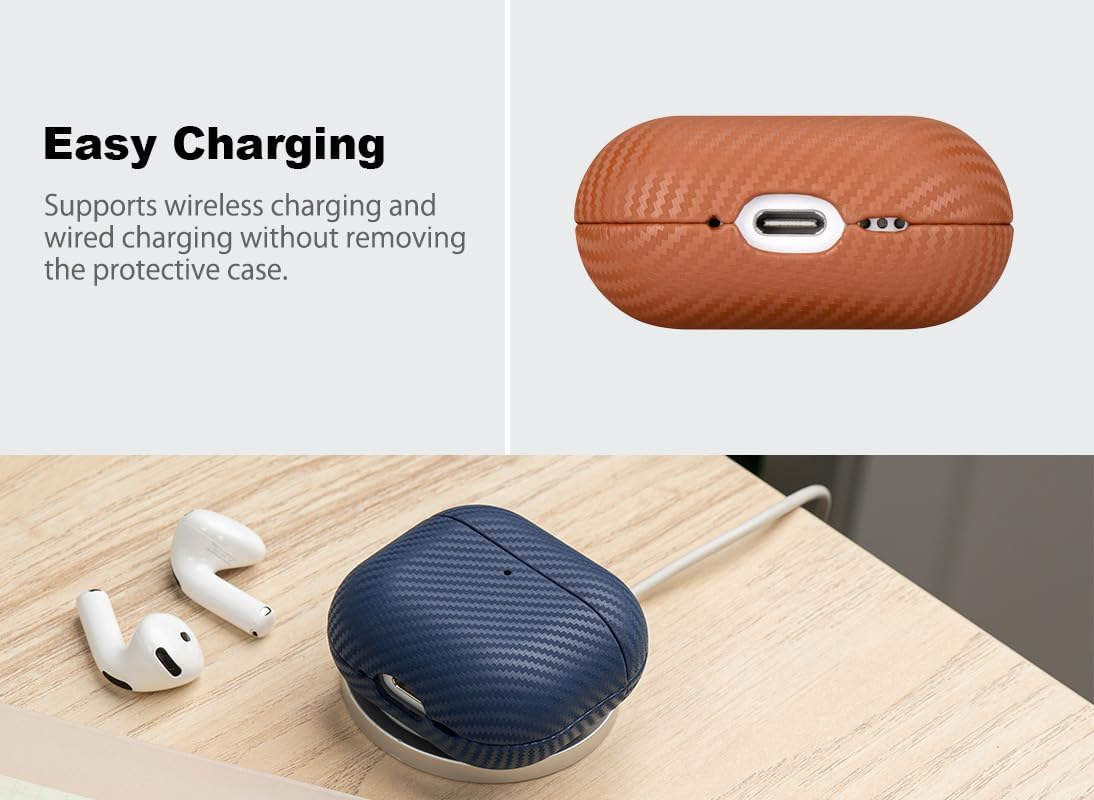 Haobobro Leather Case - for AirPods 4 with Active Noise Cancellation/AirPods 4 Case Cover - Selected Skin-Friendly Leather, with Carbon Fibre Texture, Handmade Drop Protective Hard Cover - Brown