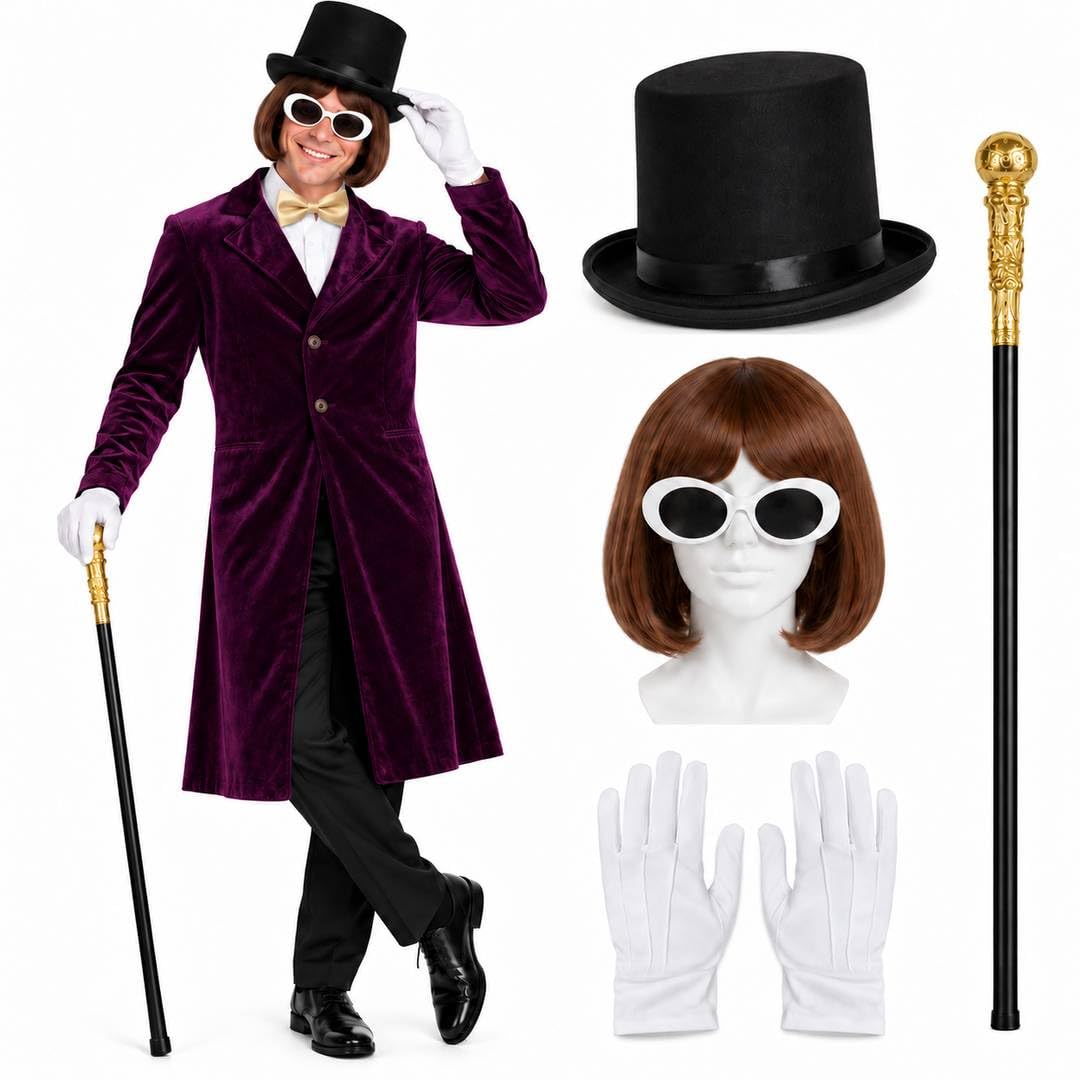 Mens Chocolate Factory Boss Costume Set Purple Fancy Dress Outfit Small