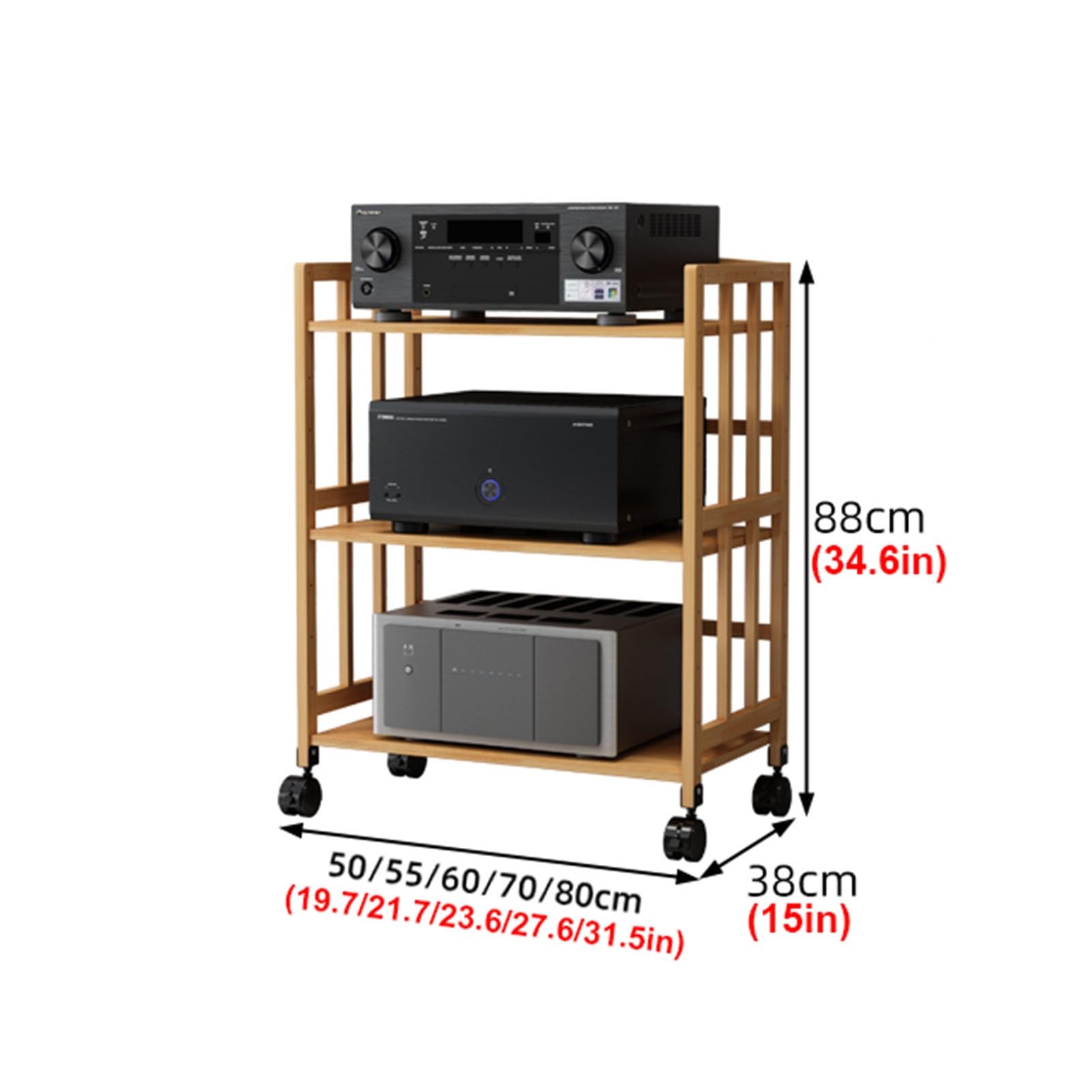 Supporto per amplificatori audio in bambù, con ruote, 3 ripiani, mobile con altezza regolabile, per soggiorno, ufficio, teatro, av, media, armadio, 3 ripiani (altezza 88 cm) - 80 cm