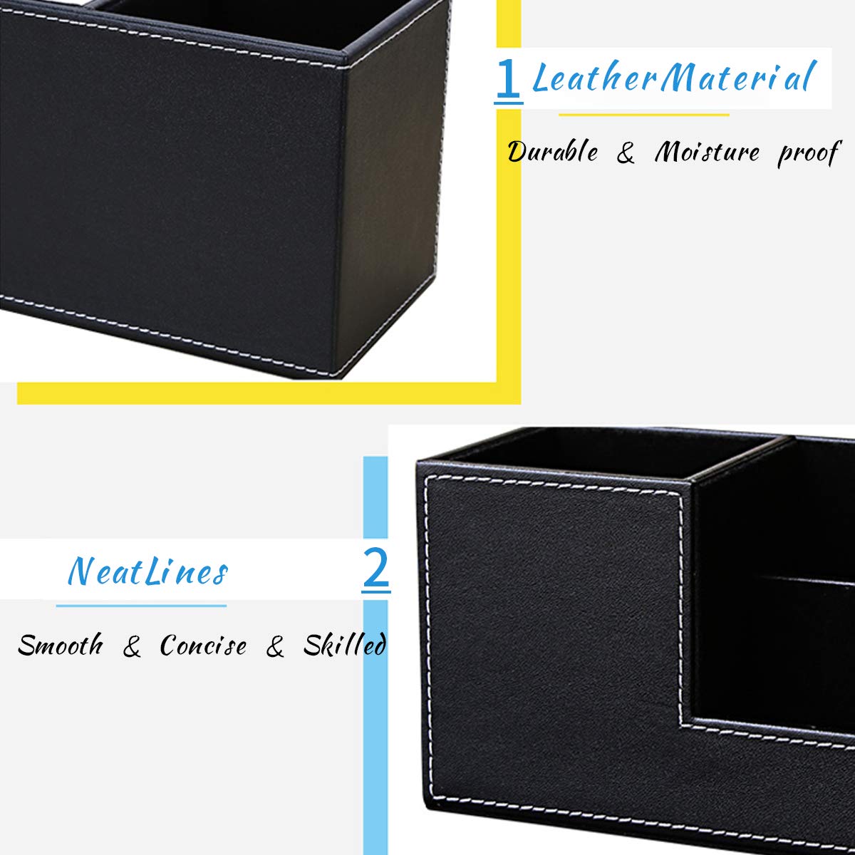 Organiseur de Bureau Porte-Crayons Tasse Crayon Pot à Crayons Porte-Stylo Boîte de Organisateur Rangement Cuir avec 3 Compartiments Cosmétique Supports Noir