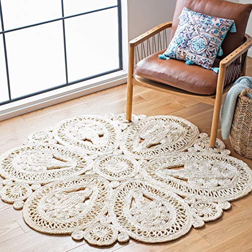 SAFAVIEH Area Rug 9' Round - Natural Fiber Collection - Large - Ivory, Handmade Jute, Decorative Boho Floral Design (NF360B)