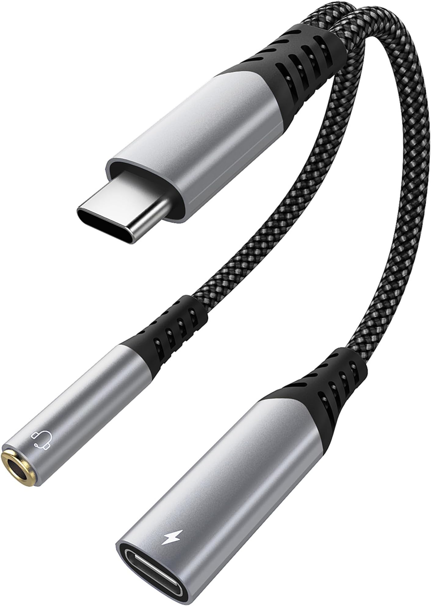 USB C to 3.5mm Headphone and Charger Adapter, 2-in-1 USB C to Aux Jack Dongle Cable Cord with PD 60W Fast Charging for iPhone 16 Pro/15 Pro Max, iPad Pro, Galaxy S23/S22/S21/S20 Ultra, Pixel (Grey)