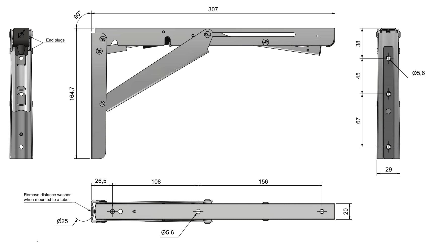 UMAXO - Soporte de Mesa Plegable de Acero Inoxidable de con Amortiguador de Cierre Suave EB-303-DA, Consola Plegable de hasta 100 kg de Carga, Soporte de Solapa de ROCA/Sugatsune