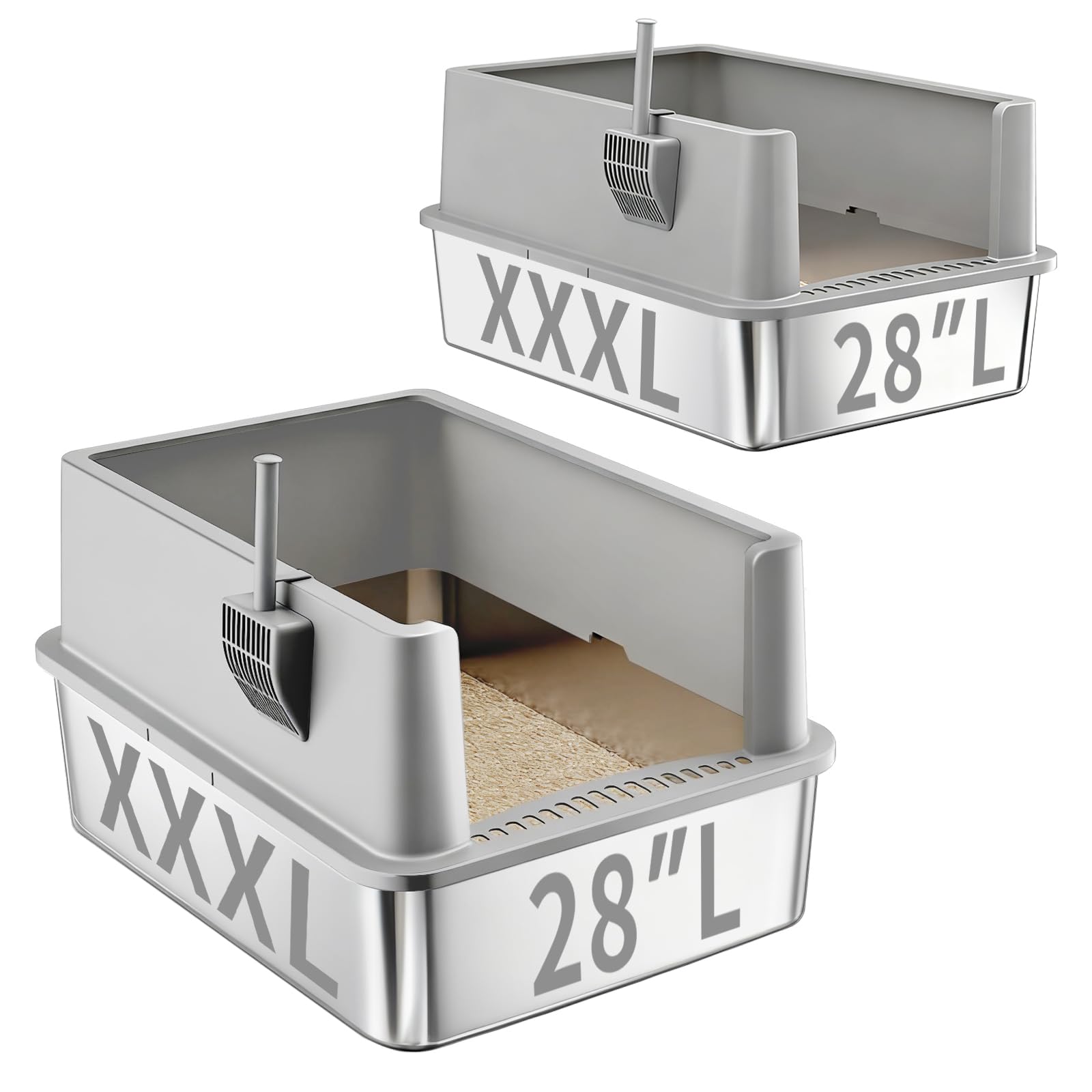 2 Pack 28" Extra Large XXL Stainless Steel Cat Litter Boxes with Lid Metal Cat Litterbox Pan for Big Cats and Multiple Cats, Anti-Leakage, Easy Cleaning, Include Scoop