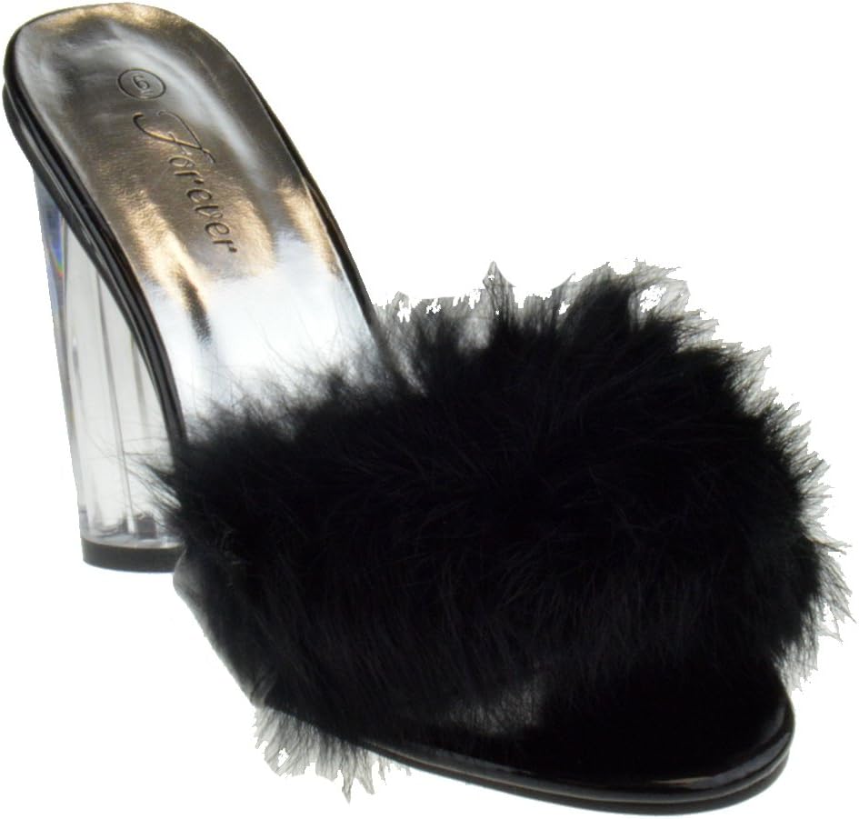Create 89 Womens Clear Chunky Heel Furry Strapped Lucite Sandals Black 7