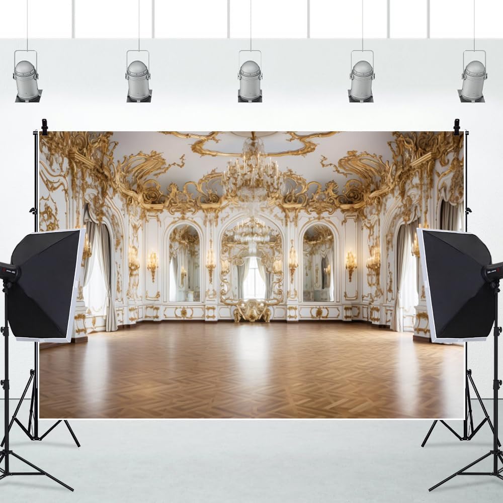10x8ft Palace Backdrop for Photoshoot, Golden Vintage European Castle Hall Photography Background Luxurious Hotel Chandelier Ballroom Backdrop Wedding Birthday Party Video Background