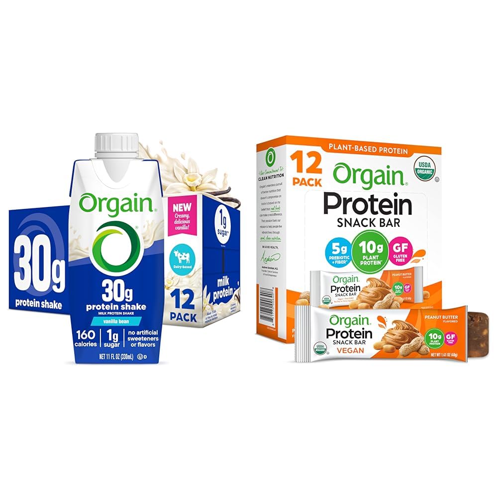 Bundle of Orgain 30g High Protein Shake, Vanilla Bean, 5g BCAAs,11 Fl Oz, Pack of 12 + Orgain Organic Vegan Protein Bars, Peanut Butter - 10g Plant Based Protei