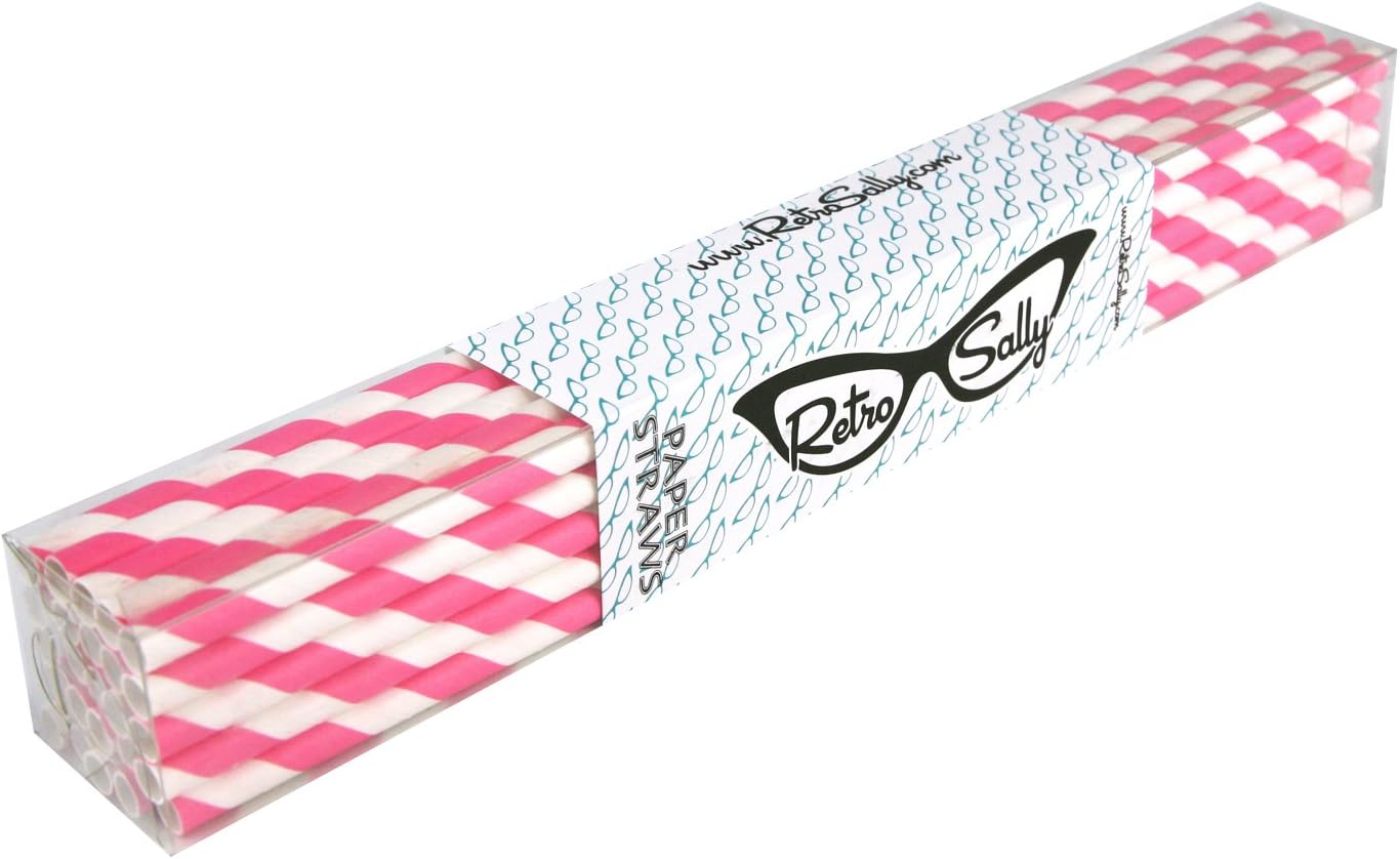 Paper Straws 10" Pack of 25 Hot Pink Stripe by Retro