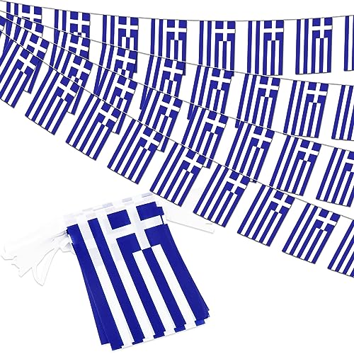 Image of Greece String Flag Pennant Banner - 38 Flags, 42 Feet Small Mini Greek Flags Bunting Banner for Country Decoration, School, Party, Sports Events