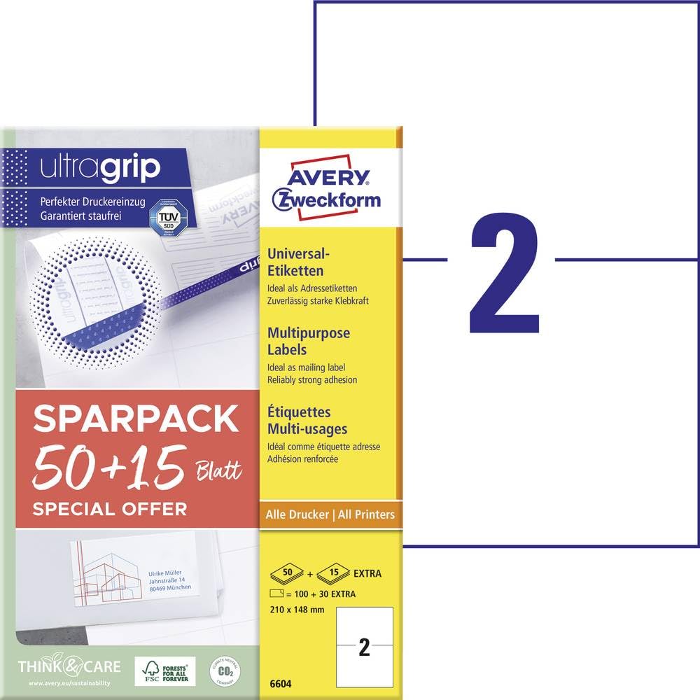 Avery Zweckform 6604 Universal Labels (100 Plus 30 Adhesive Labels Extra, 210 x 148 mm on A4, Printable Shipping Labels, Self-Adhesive Stickers with Ultra-Grip, DHL) 65 Sheets, White