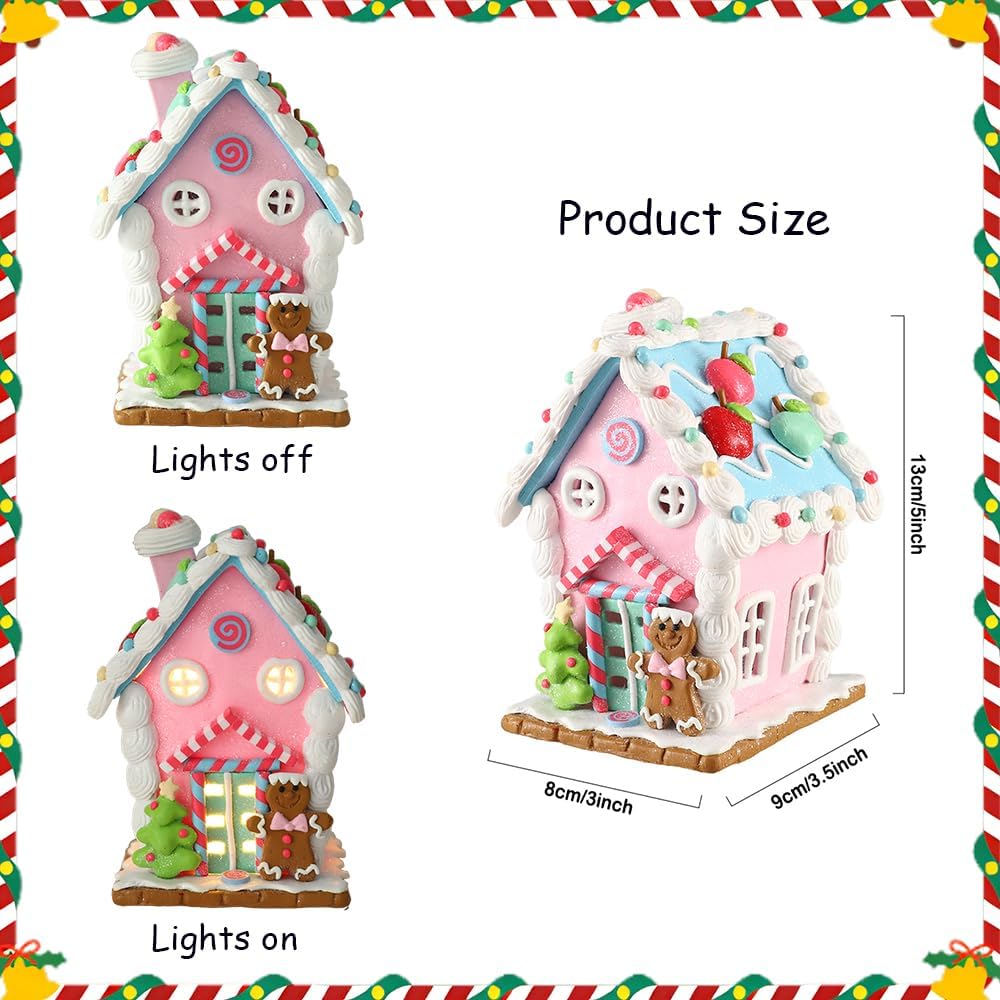Eopelsm Christmas Gingerbread House 1pc Pastel Pink Villiage House with Christmas Tree, Gingerbread Man and Candy with Led Lights for Tabletop Ornament Xmas Home Party Decorations