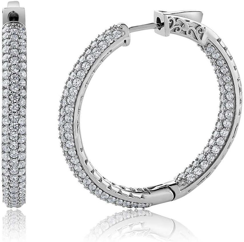 Gem Stone King 3 Row Pave Inside-Out Cubic Zirconia CZ Hoop Earrings For Women | 925 Sterling Silver | 2.00 Cttw | 1.5 Inch = 35X35MM | Fine Jewelry Gifts for Her Mom Women Wife