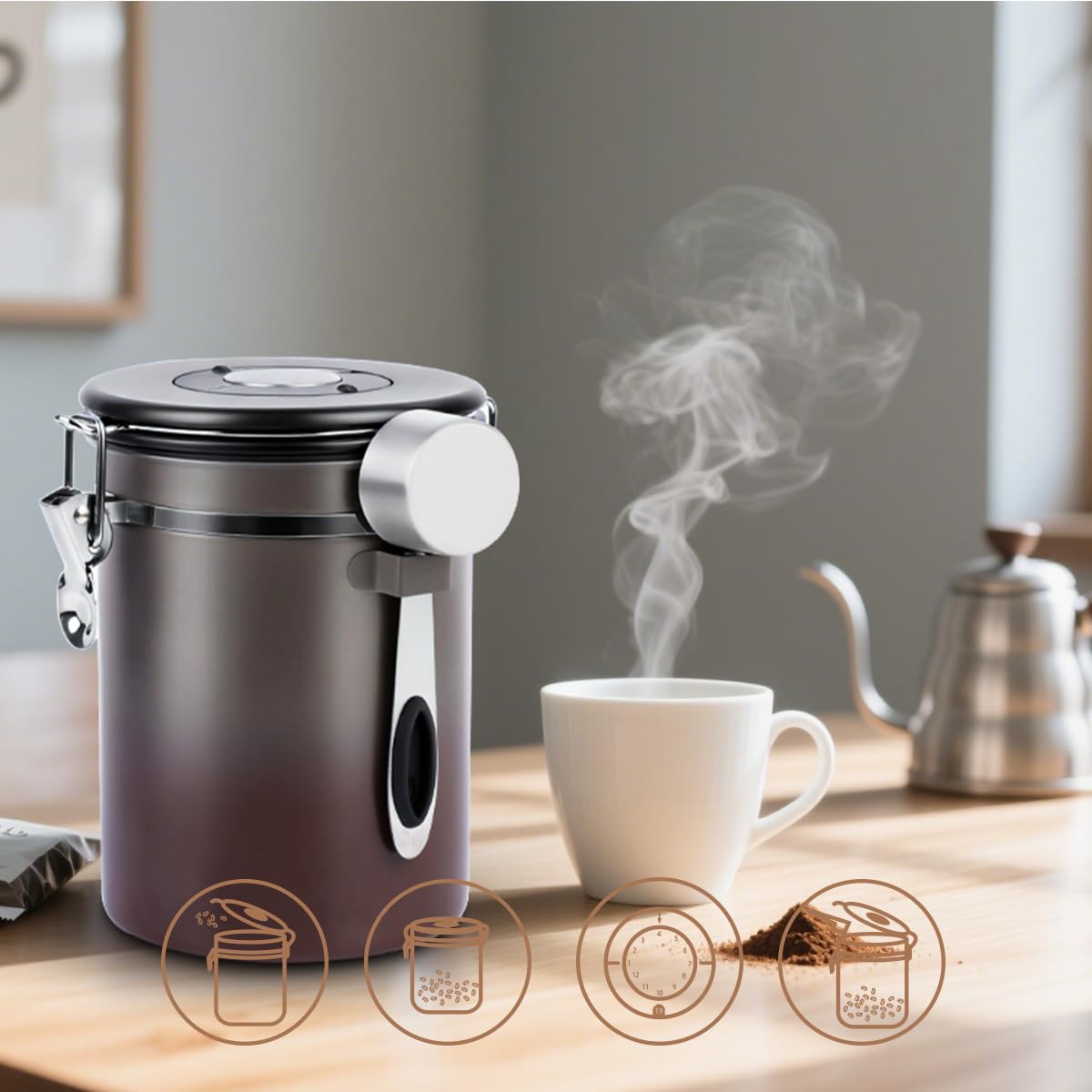 Luftdichte Edelstahl Kaffeedose, Vakuum Kaffeebehälter Kaffeebohnen Vorratsbehälter mit Datumsverfolgung, CO2-Freigabeventil und Messlöffel, für Tee Nüsse Kakao Frisch 1,8L (2er Set - Grau Braun)